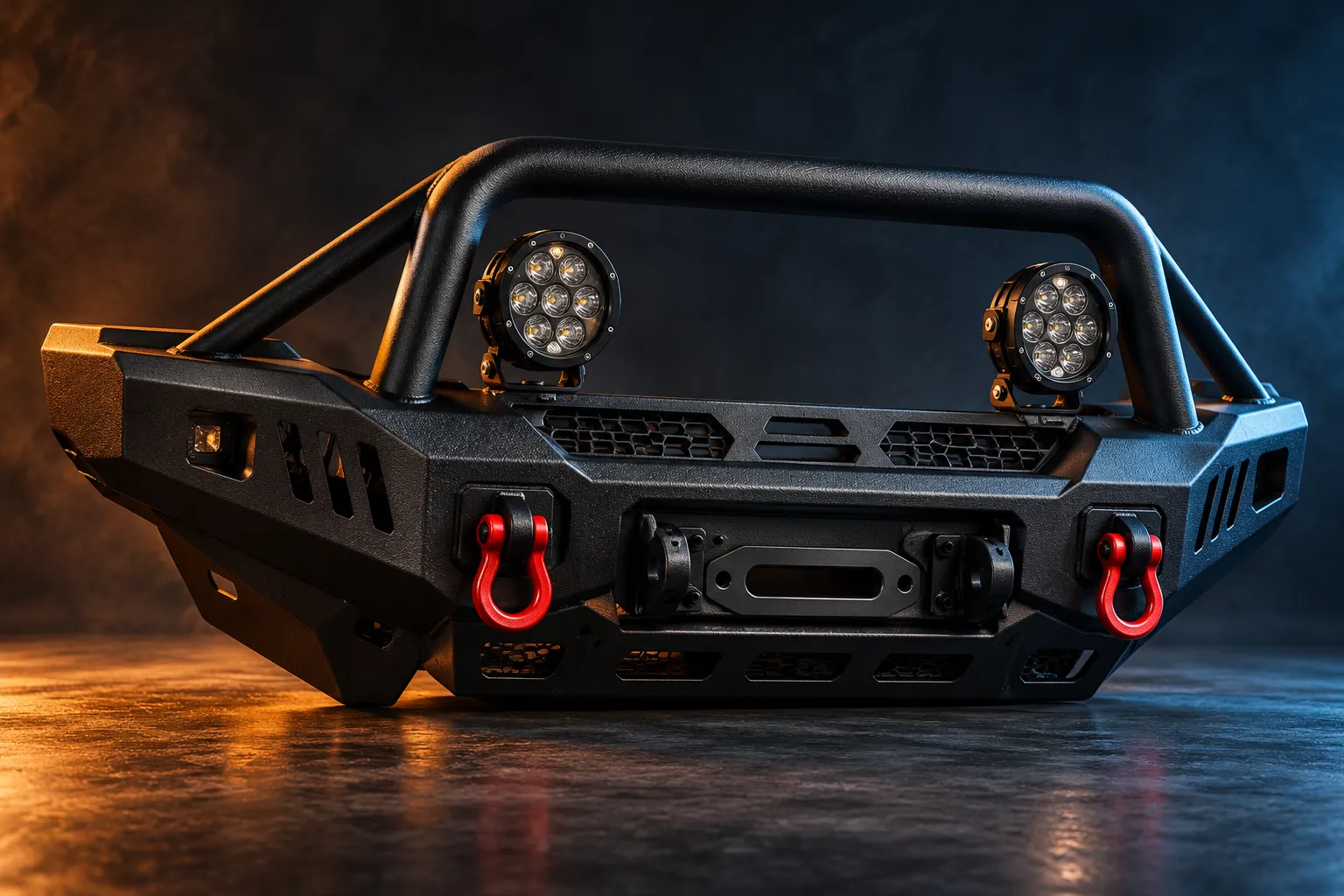 Black powder-coated steel front bumper with a hoop, winch cradle, LED spotlights and red recovery shackles