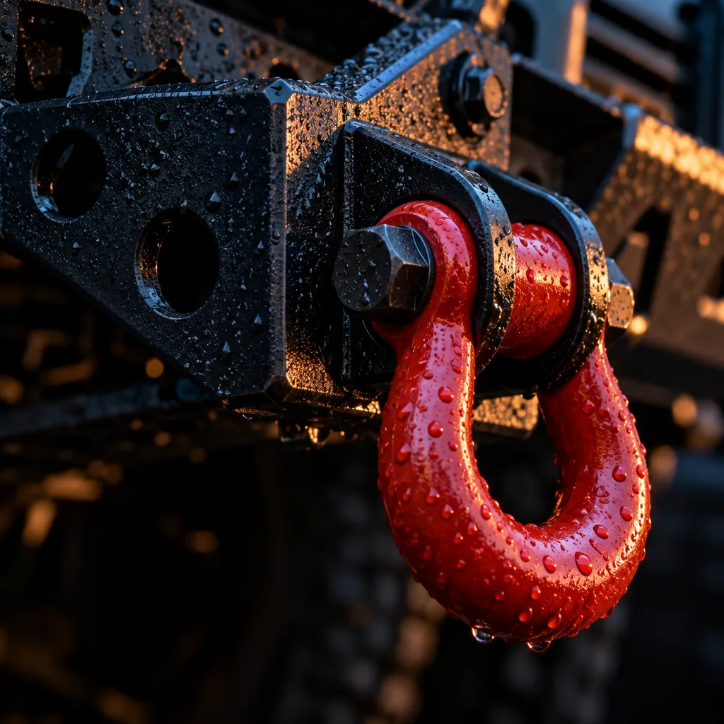 Close-up of a red recovery shackle bolted through a steel mount on a black powder-coated bumper